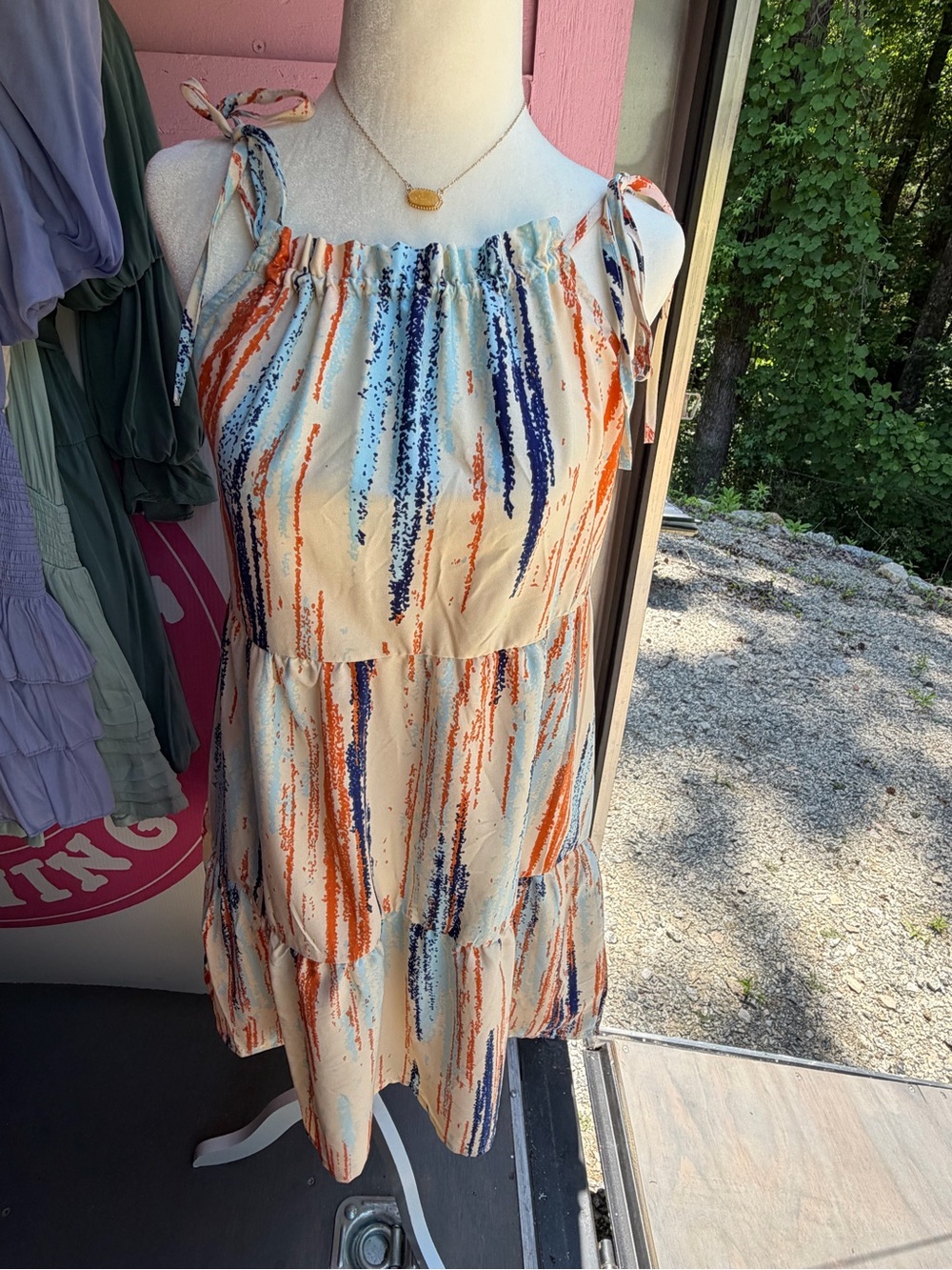 Solution Tie-Shoulder Tiered Sundress in Cream with Blue & Orange Stripes🍑 NwT